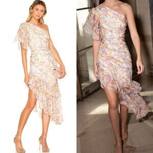 Amur Clayton One-Shoulder Floral Midi Dress Asymmetrical Ruffle Skirt Size 0